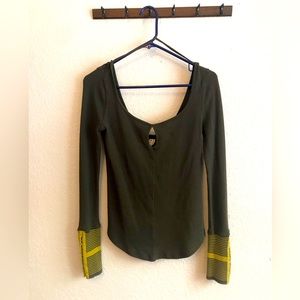 We the Free Forest green Waffle knit square neck top with sleeve detail